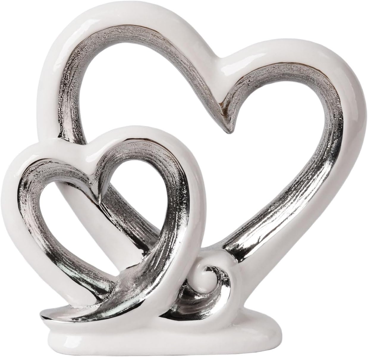 Ceramic Sculpture of Two Intertwined Hearts in White and Silver