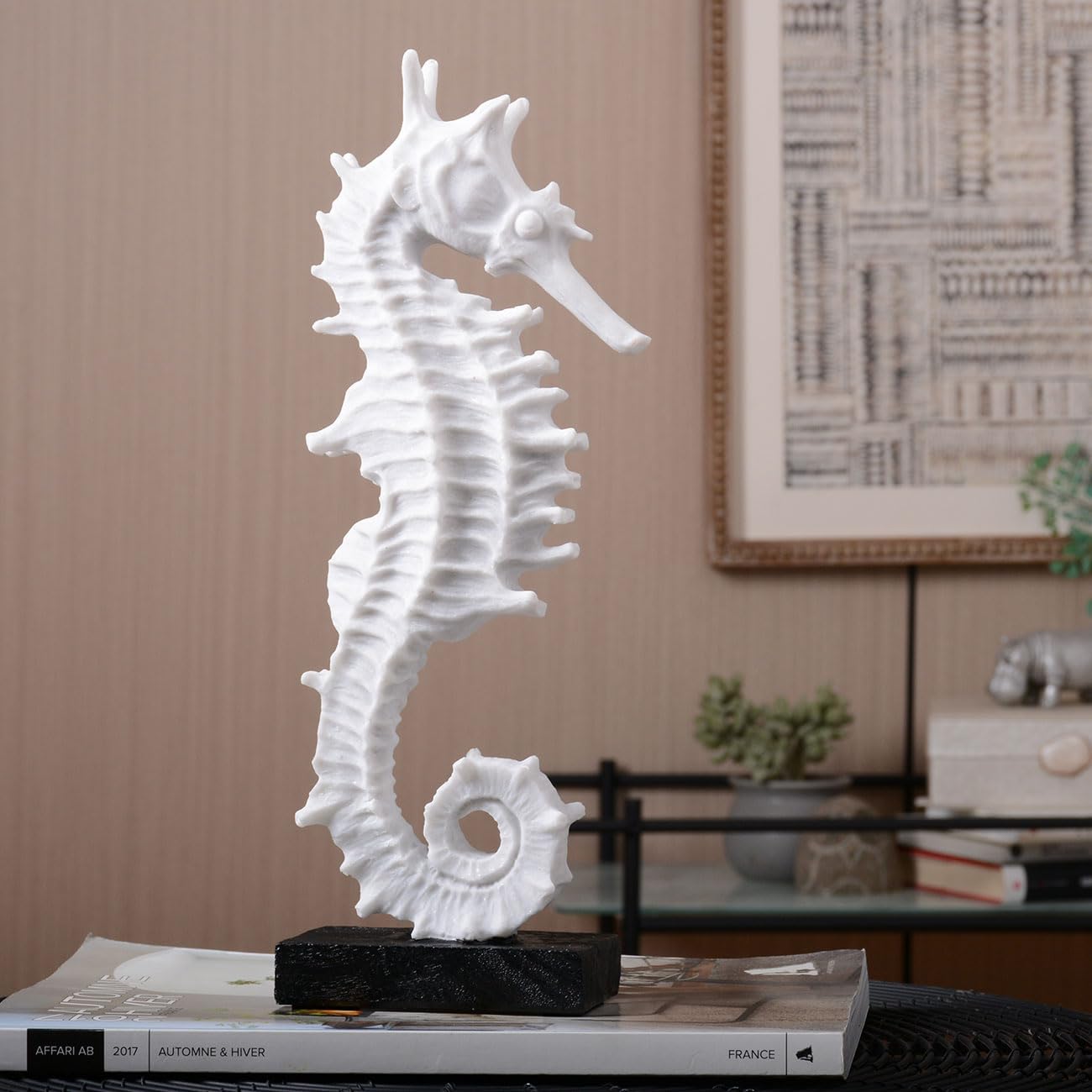 White Seahorse Sculpture on a Black Base