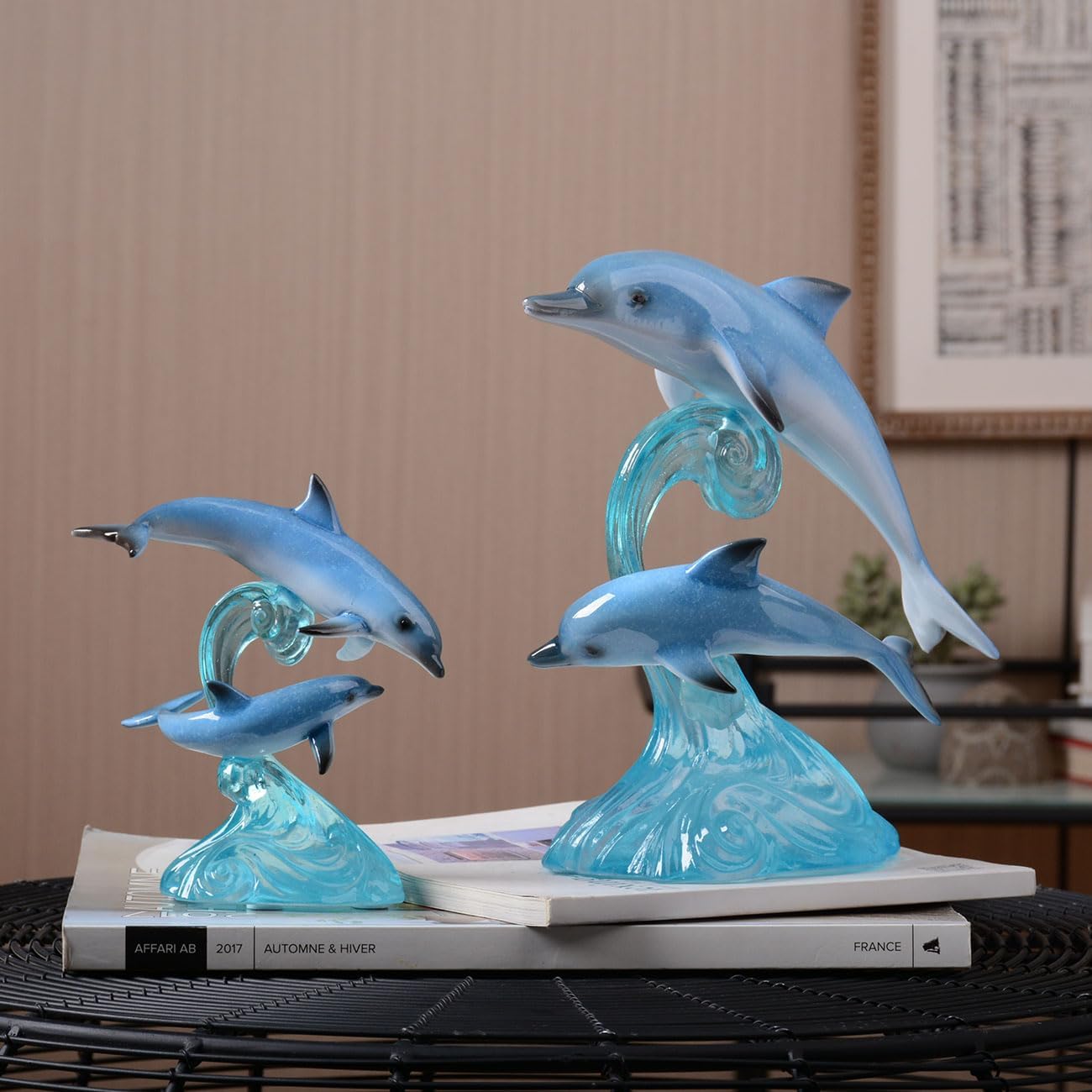 Sculpture of Two Leaping Dolphins on a Wave