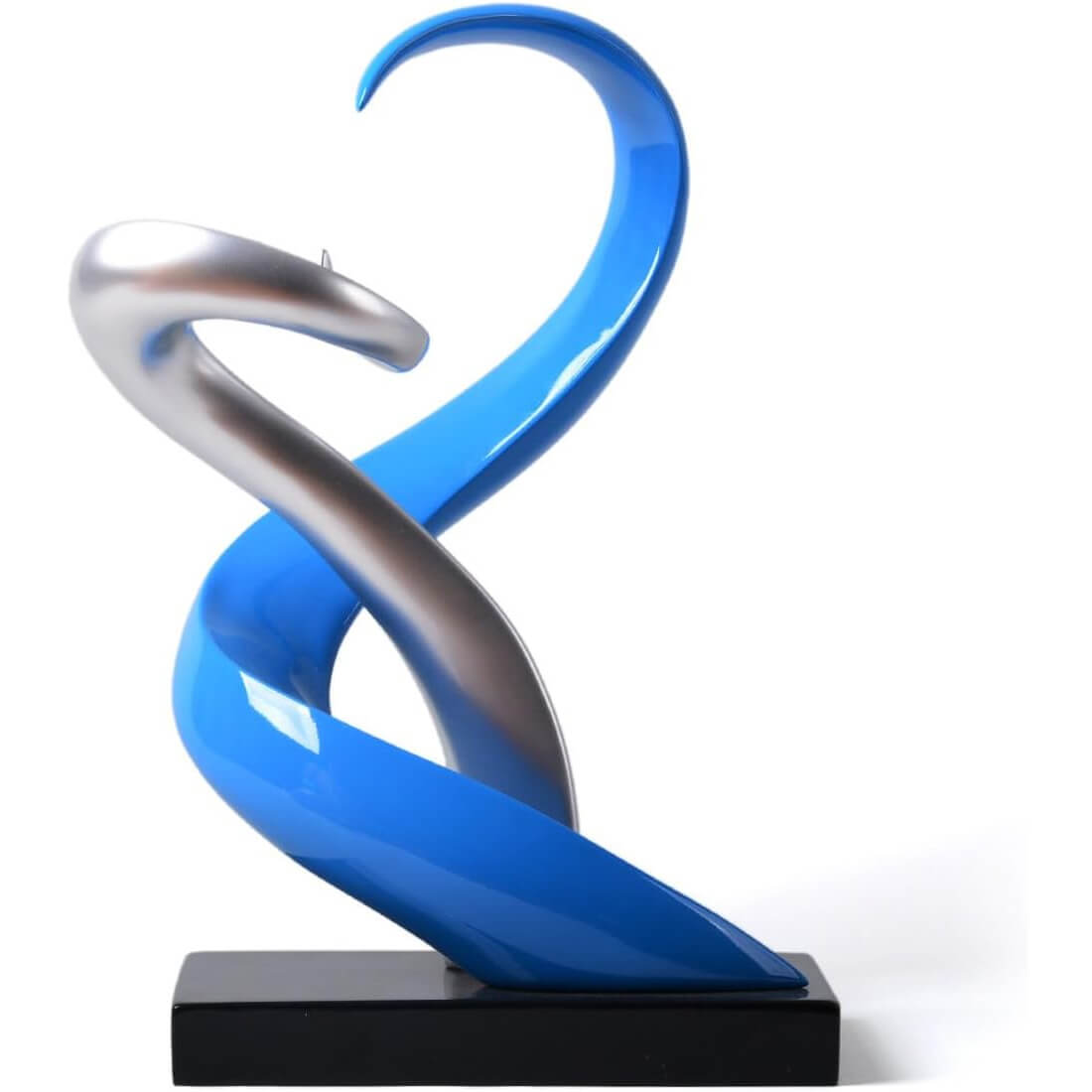 Abstract Sculpture of Intertwined Ribbons in Blue and Silver
